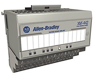 Um módulo de medição cinza ligeiramente voltado para a direita com o logotipo azul da Allen-Bradley no canto superior esquerdo e uma leve visão da parte superior do módulo