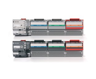 Visualização de face de dois racks com módulos de E/S Allen-Bradley® FLEX 5000™ contra um fundo branco sólido. Cada rack inclui um adaptador FLEX 5000™ EtherNet/IP, dois módulos padrão e um módulo de segurança. O adaptador e os módulos no rack superior são variantes não XT usados em ambientes não extremos. O adaptador e os módulos no rack inferior são variações XT com proteção contra ambientes agressivos e podem ser usados em ambientes extremos