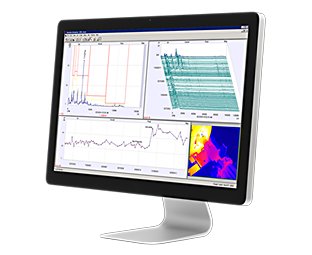 A computer desktop screen showing a colorful dashboard made up of 4 Emonitor data views